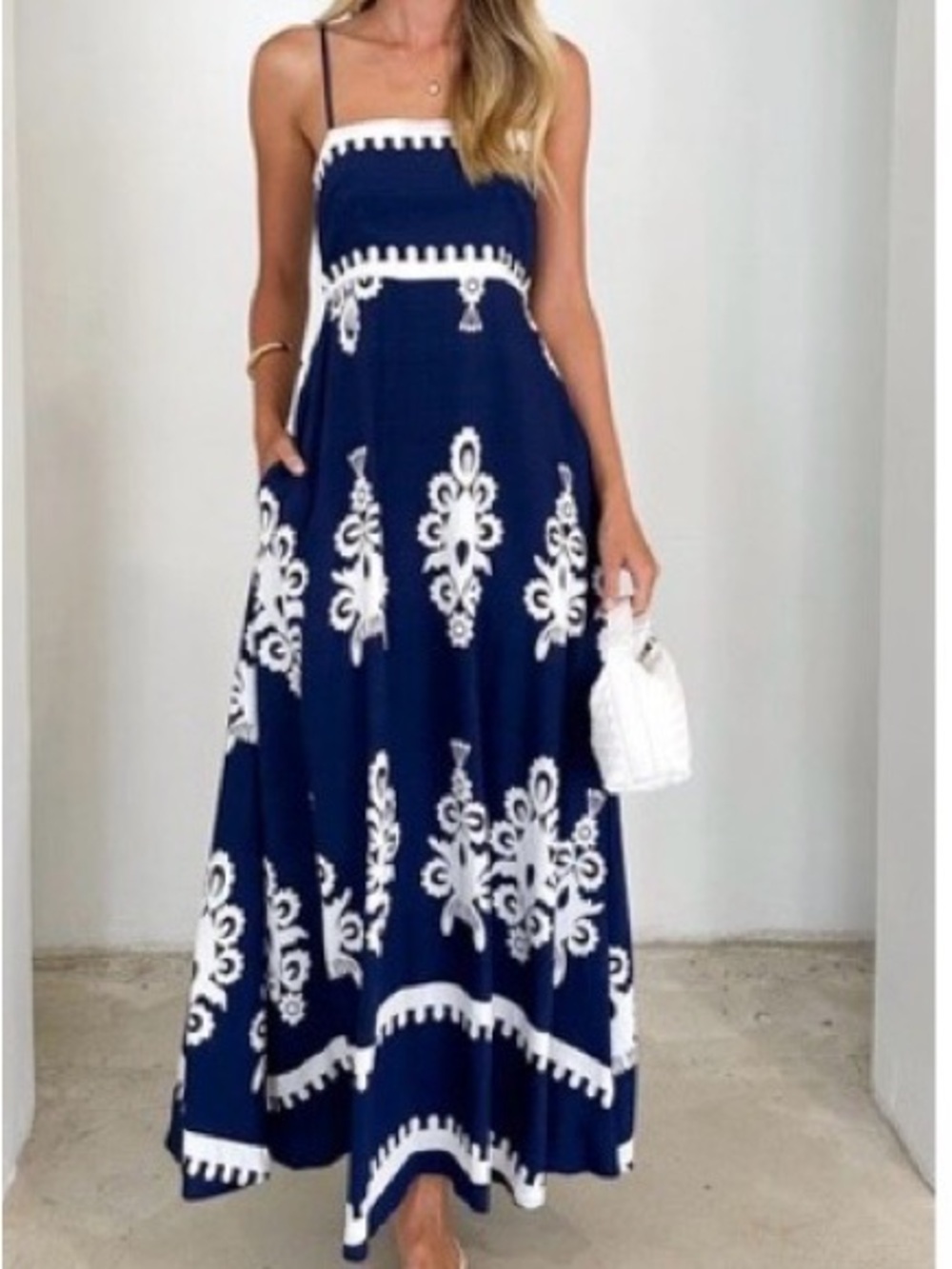 NWT Navy and White Embroidered Spaghetti-Strap Maxi Dress